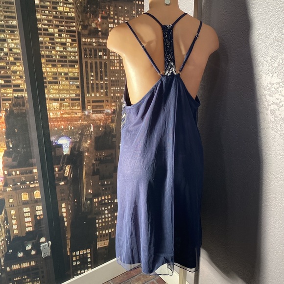 ANGIE - NWT - dress: grey lined mini, mesh overlay & beads / sequins, straps - L - Picture 15 of 16